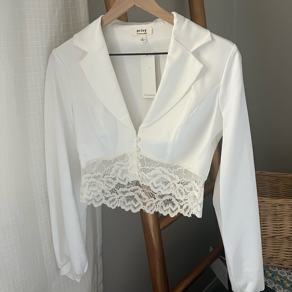 White Cropped Blazer with Lace Detail
